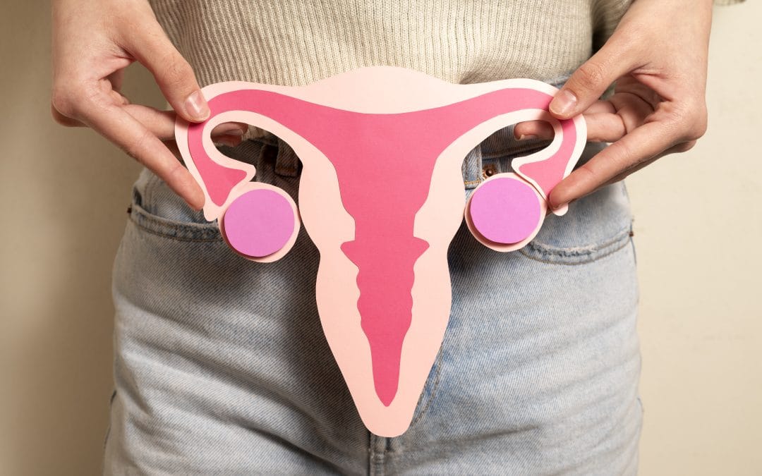 Person holding a paper cutout of a uterus over their lower abdomen, wearing jeans and a sweater—a symbolic nod to exploring holistic options like acupuncture for managing PCOS.