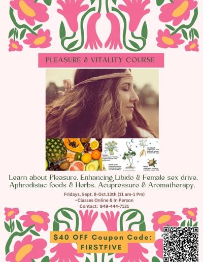Colorful flyer for a women’s wellness course featuring floral borders, images of a smiling woman, aphrodisiac foods, and tips for natural libido support.