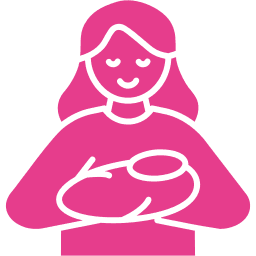 Icon of a smiling person holding a baby, depicted in a simple pink design.